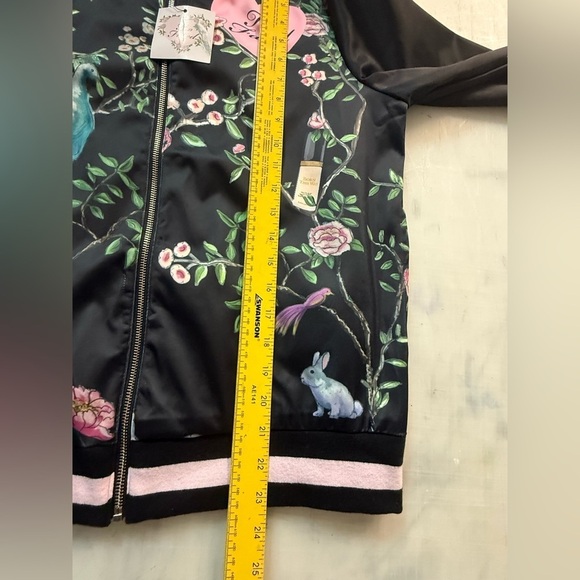 Too Faced Black Satin Bomber Jacket Size S Full Zip Lined  Floral‎ (Flaw Read) - Picture 12 of 12